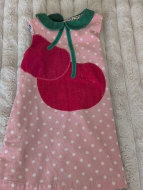 Mini Boden Pink Polka Dot Dress with Green Cord Collar and Floral Lining